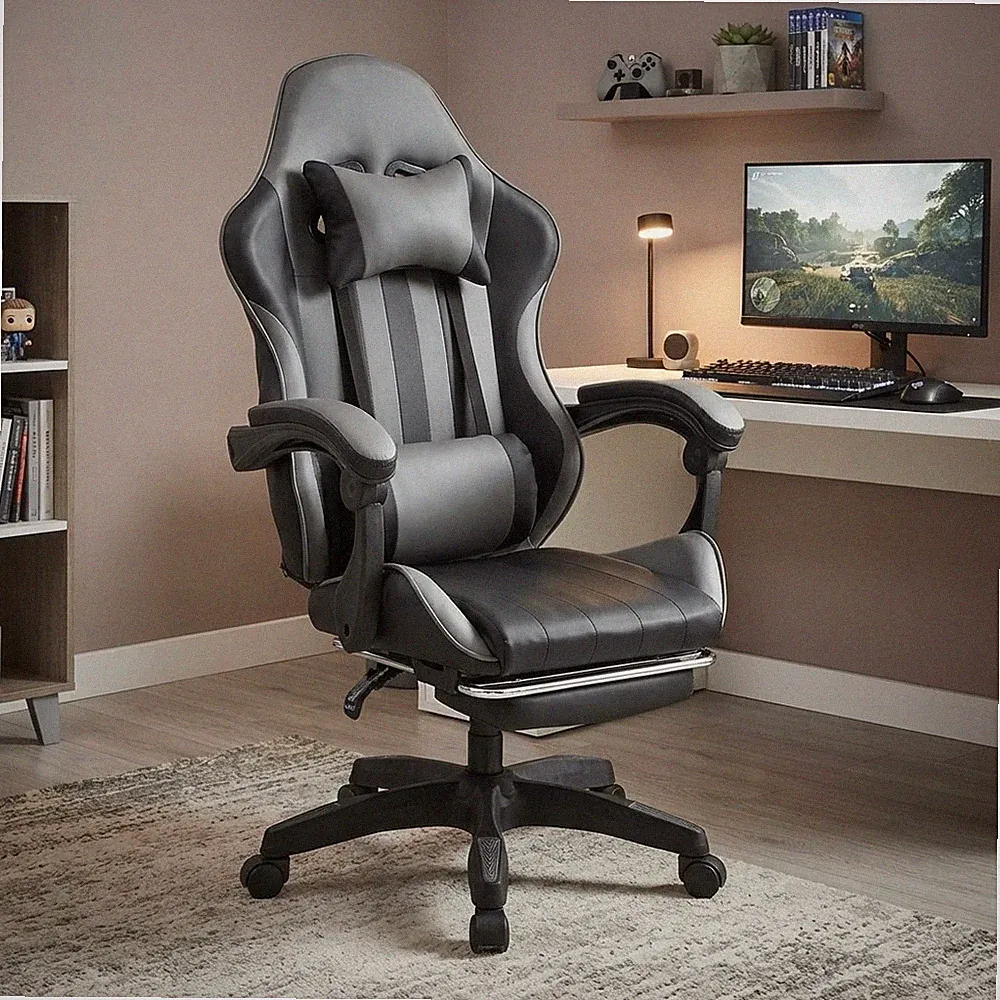 360 Gaming Drehstuhl mit Fußstütze & Kopfkissen für Büro & Heimgebrauch, grau