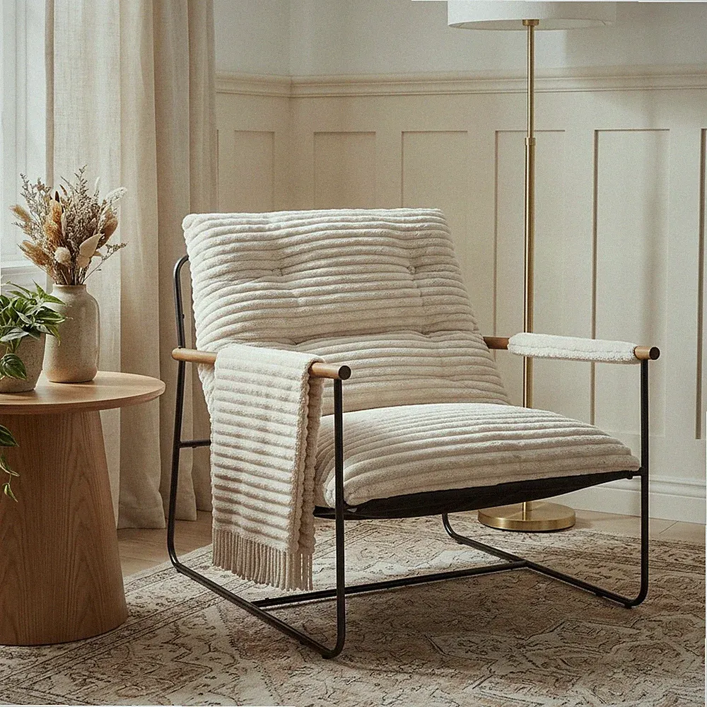 Akzentstuhl Modern Wohnzimmer Sessel Beige Cord Ergonomische Unterstützung