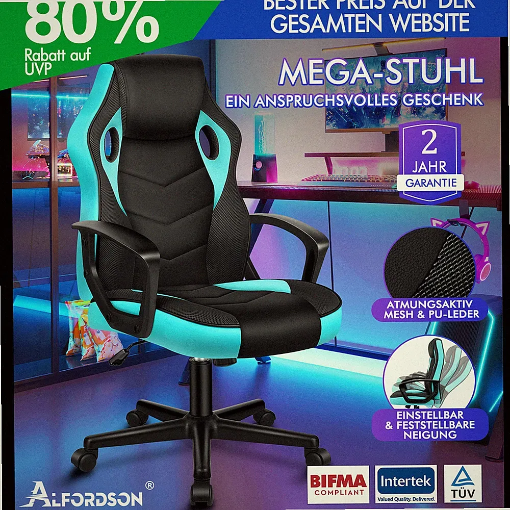 ALFORDSON Gaming Stuhl Racing Büro Ergonomisch Drehbar Exekutive Computer Cyan