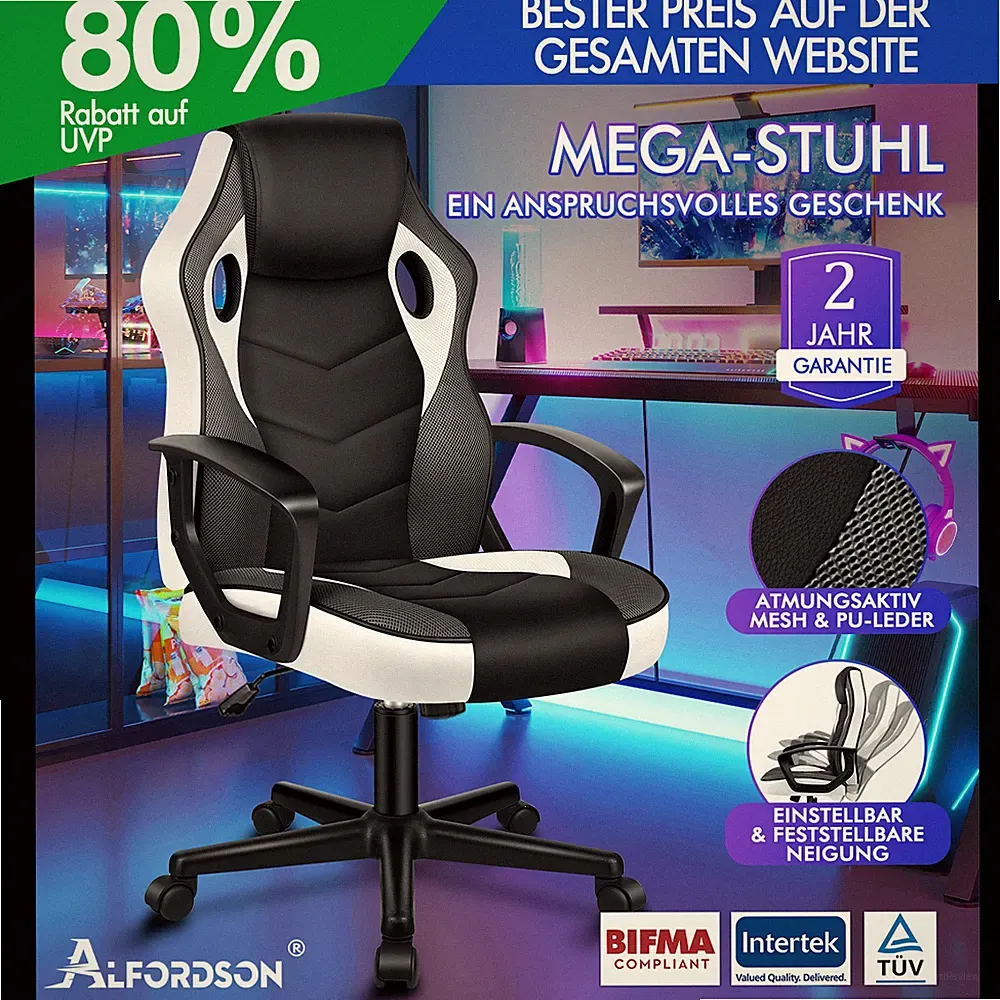 ALFORDSON Gaming Stuhl Racing Büro Ergonomisch Drehbar Exekutive Computer Weiß
