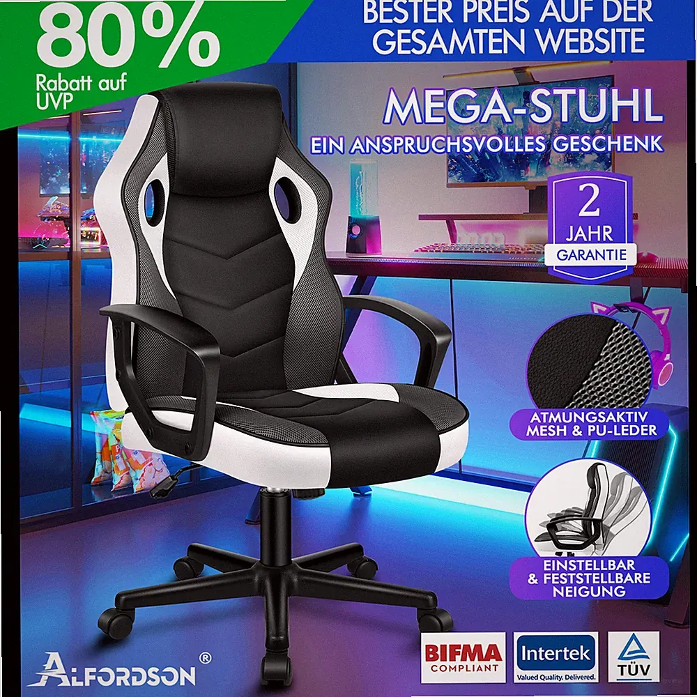 ALFORDSON Gaming Stuhl Racing Büro Ergonomisch Drehbar Exekutive Computer Weiß