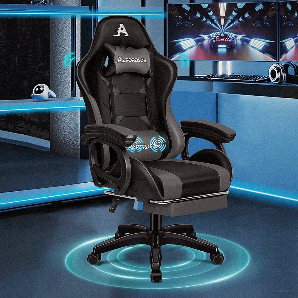 ALFORDSON Gamingstuhl, Bürostuhl, Mit 2-Punkt-Massage, Fußstütze, Kopfstütze Und
