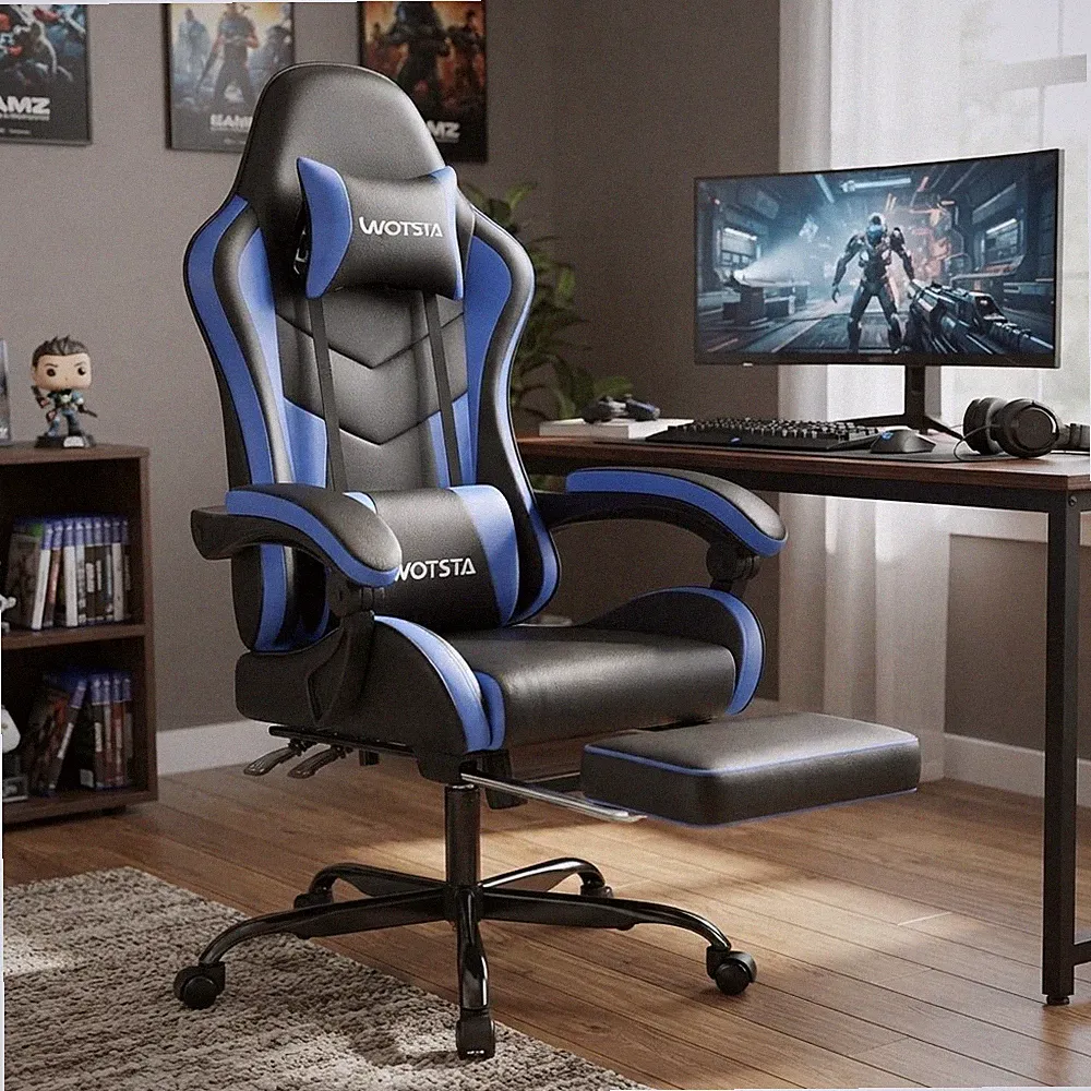 Bequemer ergonomischer Stuhl für Gaming & Büro - Schwarz/Blau mit Fußstütze