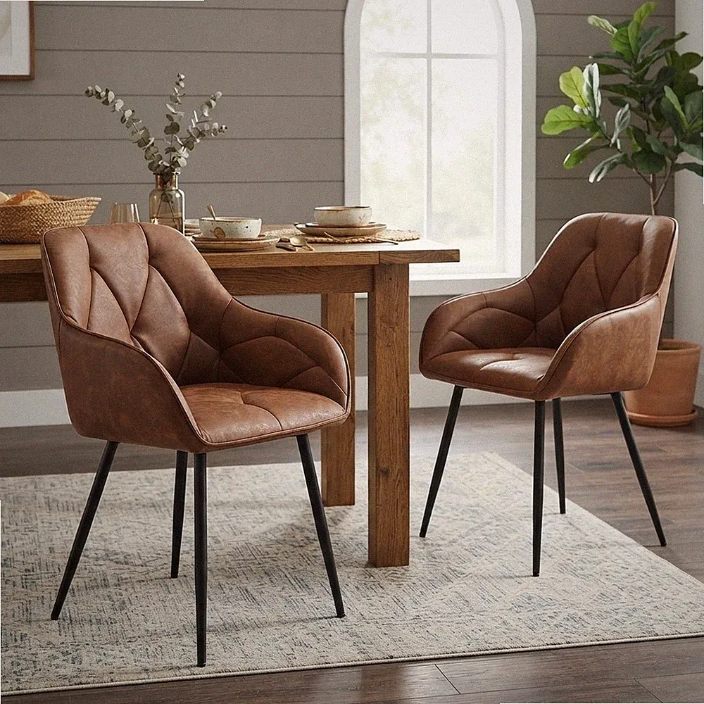 Bequemes 2er Set Vintage Küchenstühle - ergonomisches Design, braunes Leder
