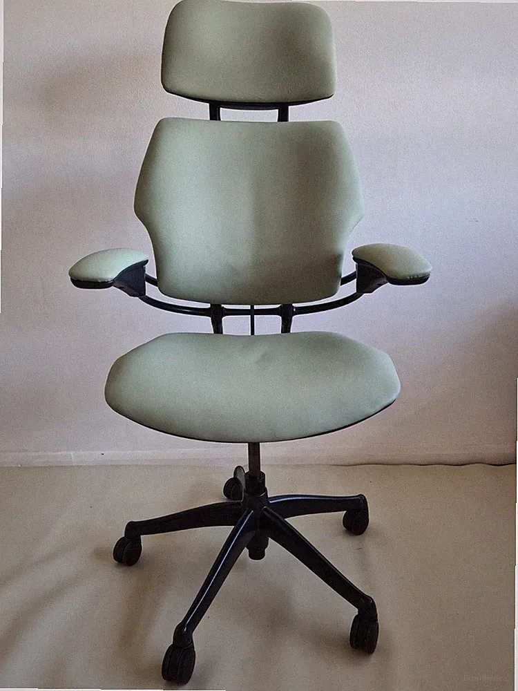 BRANDNEU PISTAZIENGRÜN LEDERHAUT Humanscale Freedom Stuhl Kopfstütze Arme