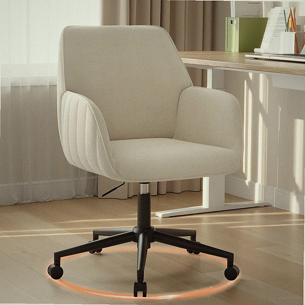 Bürostuhl Beige Samt Ergonomisch Drehstuhl mit Armlehnen für Heimbüro 136 kg