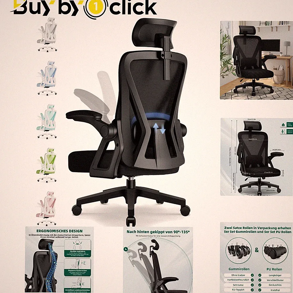 Bürostuhl,Bürostuhl Ergonomisch mit Verstellbarer Kopfstütze,Armlehnen, Lende...