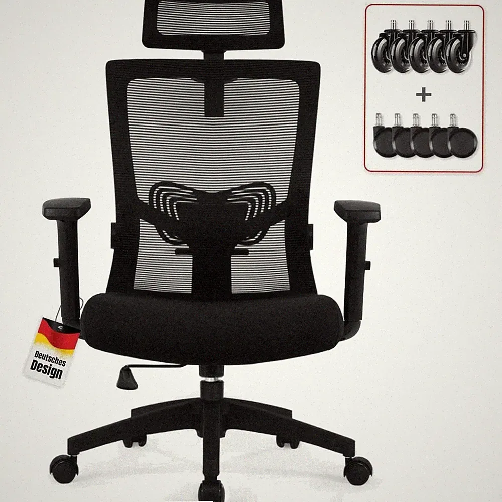 Bürostuhl, Chefsessel, ergonomisch, höhenverstellbar, Kopfstütze, Rückenstütz...