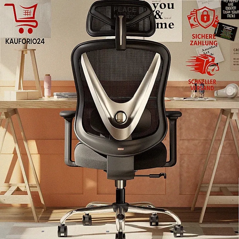 Bürostuhl Ergonomisch 3D Lendenstütze 3D Armlehnen V-förmig Schwarz für Büro