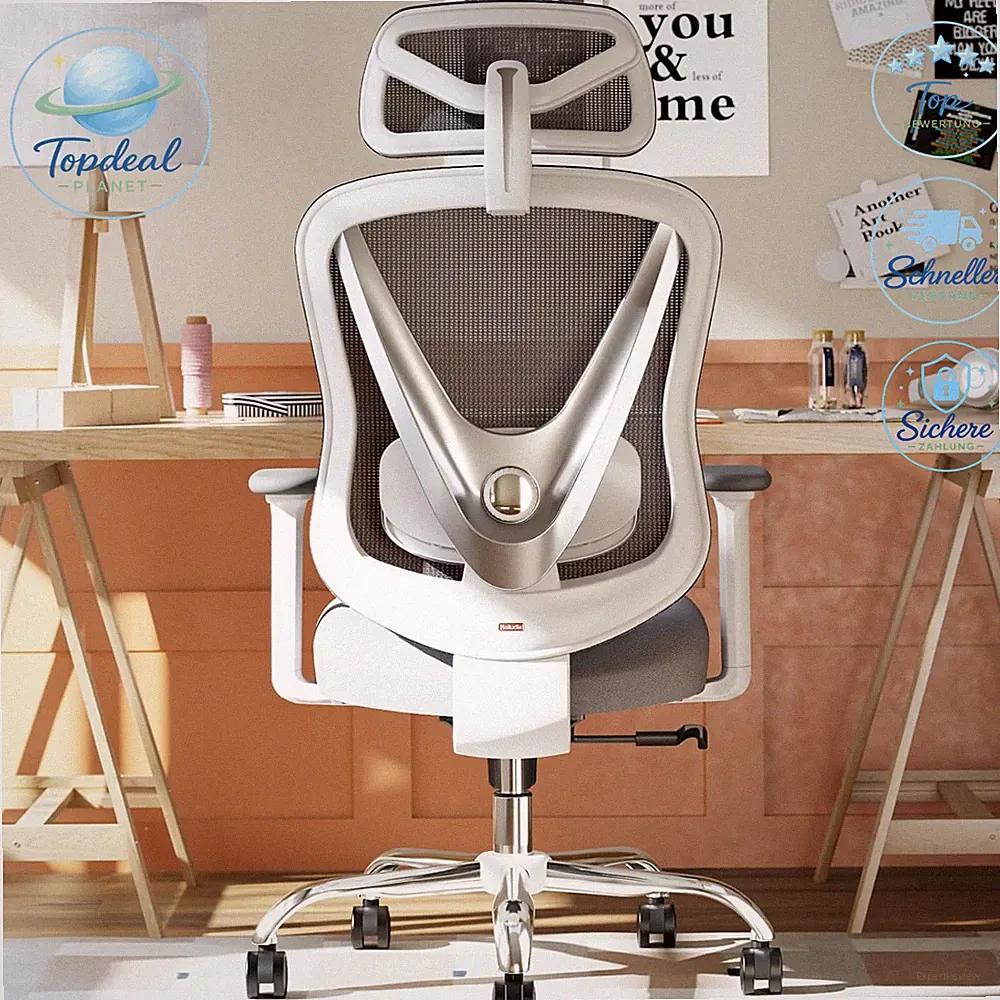 Bürostuhl Ergonomisch 3D Lendenstütze 3D Armlehnen V-förmig Weiß für Büro