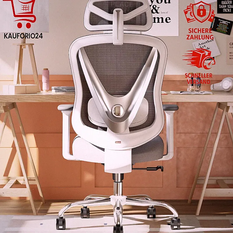Bürostuhl Ergonomisch 3D Lendenstütze 3D Armlehnen V-förmiges Rücken-Design Weiß