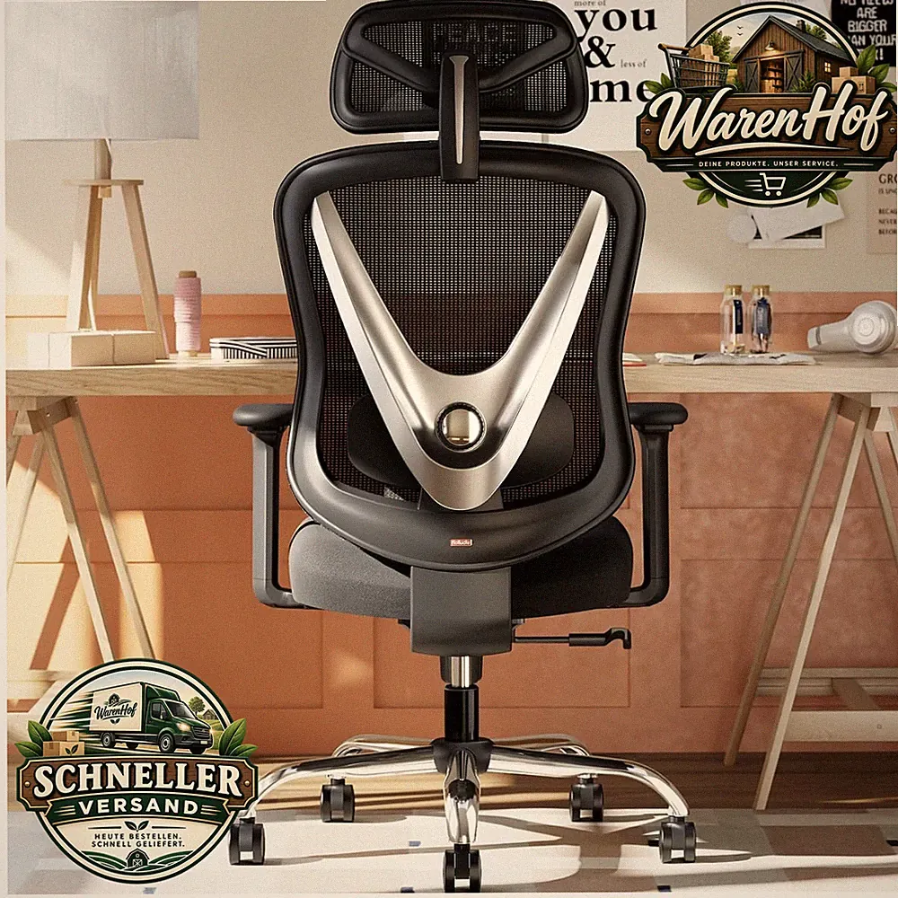 Bürostuhl Ergonomisch 3D Lendenstütze Verstellbare Armlehnen Schwarz für Büro