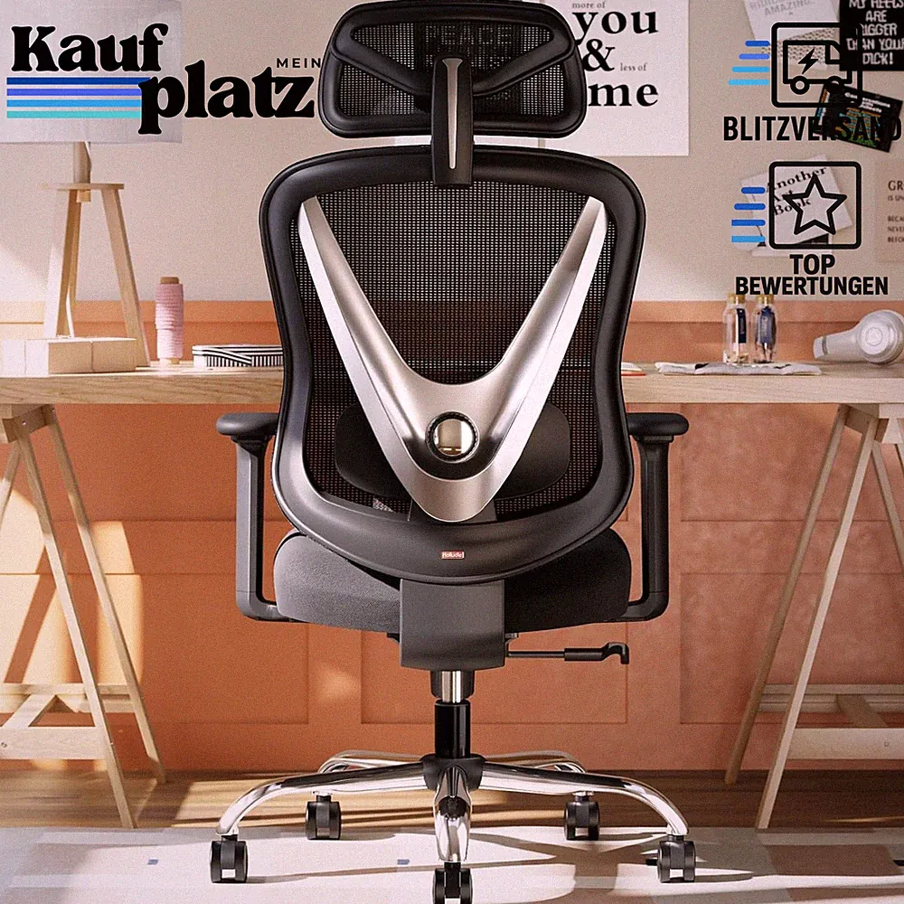 Bürostuhl Ergonomisch 3D Lendenstütze Verstellbare Armlehnen Schwarz für Büro