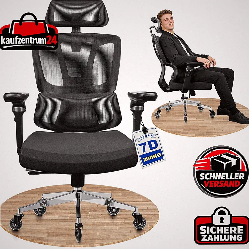 Bürostuhl Ergonomisch 7D-Armlehnen Verstellbare Sitztiefe 200KG für Homeoffice