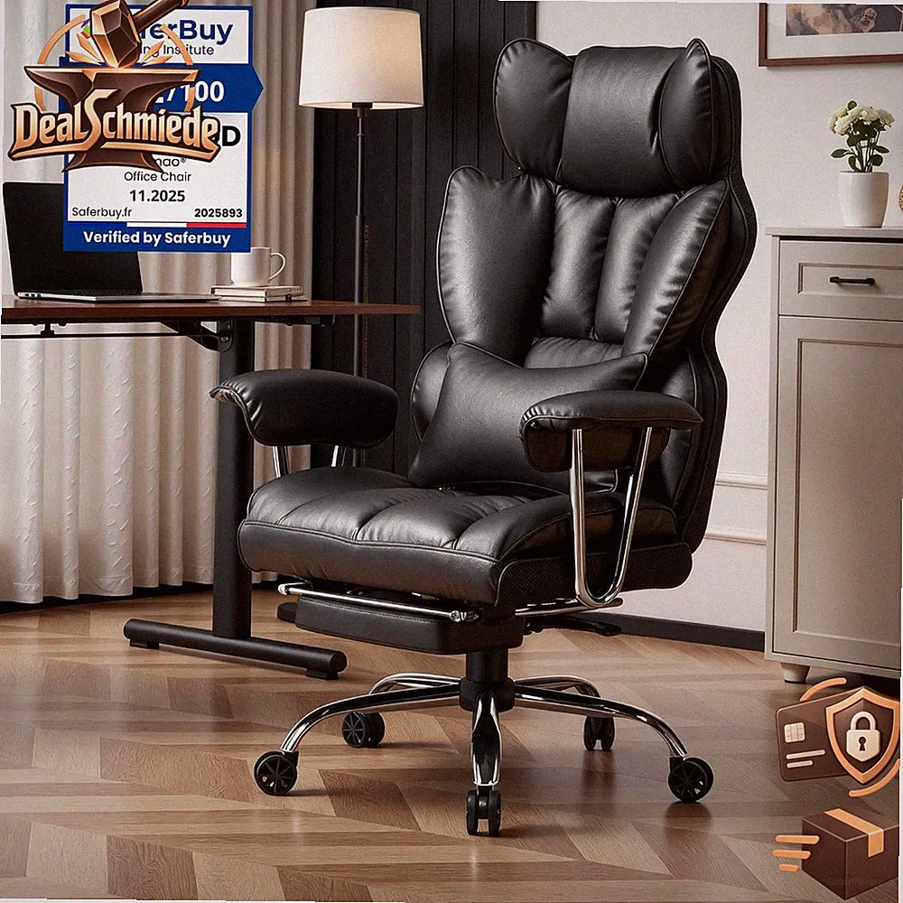 Bürostuhl Ergonomisch bis 200kg PU-Leder mit Fußstütze Lendenwirbelstütze