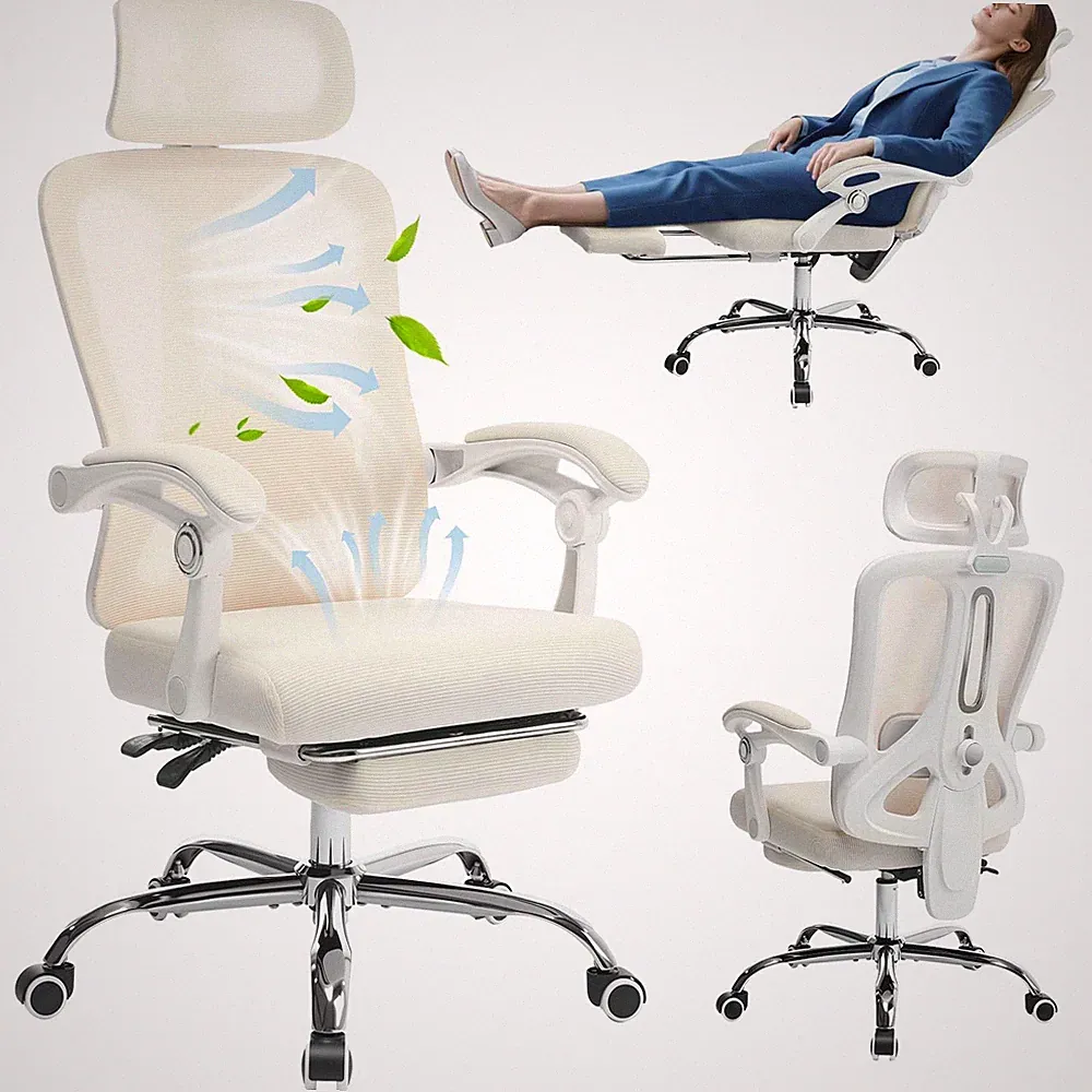 Ergonomischer Bürostuhl mit Netzstoff, Liegefunktion verstellbare Kopfstütze