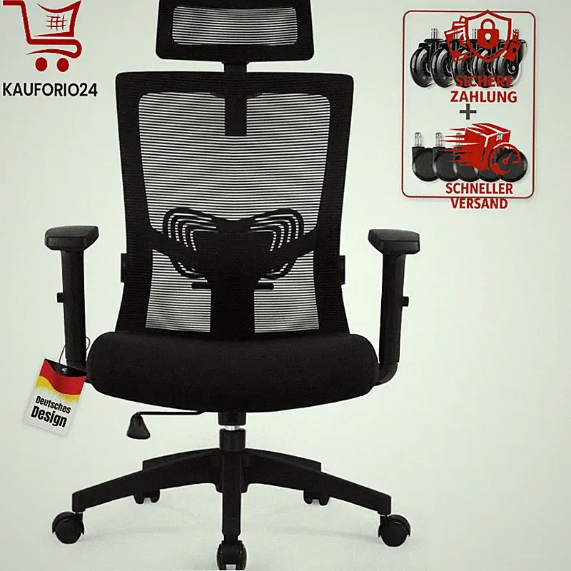 Bürostuhl Ergonomisch Drehstuhl mit Verstellbarer Kopfstütze und Armlehnen 150kg