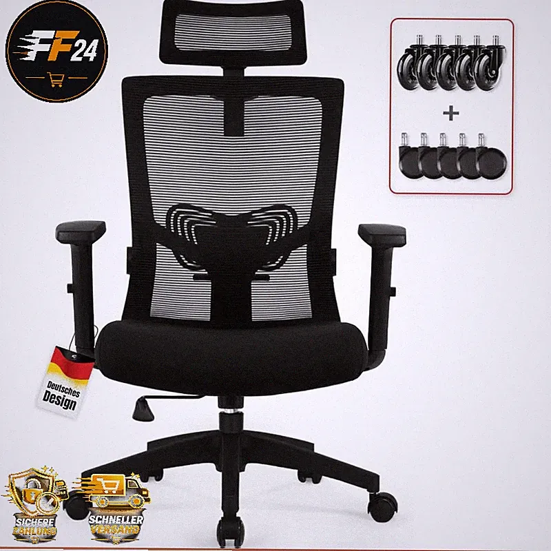 Bürostuhl Ergonomisch Drehstuhl Verstellbare Kopfstütze Armlehnen bis 135° 150kg