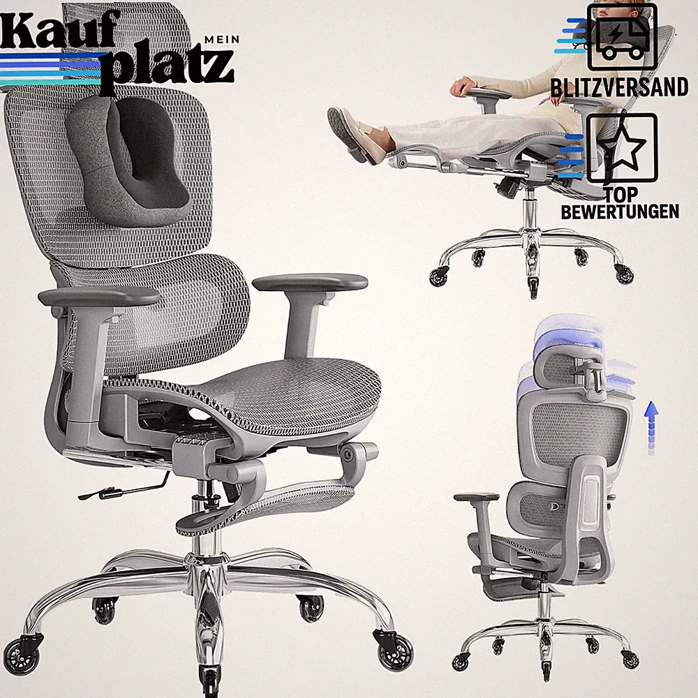 Bürostuhl Ergonomisch Grau mit Fußstütze Nackenkissen Höhenverstellbar 145°