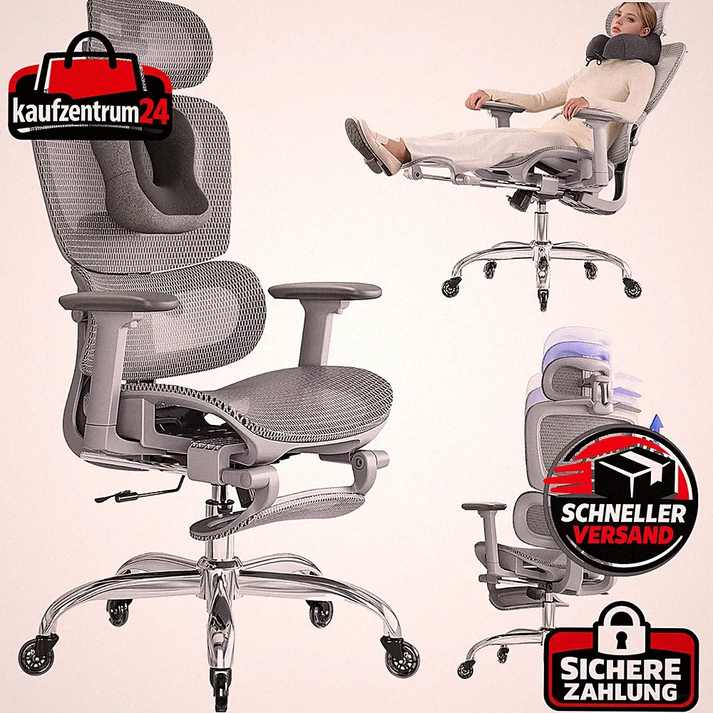 Bürostuhl Ergonomisch Grau mit Fußstütze Nackenkissen Höhenverstellbar 145°