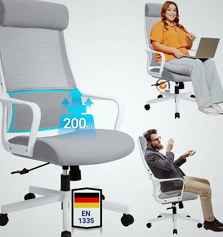 Bürostuhl Ergonomisch Grau Verstellbare Kopfstütze Lendenstütze 200 kg EN 1335