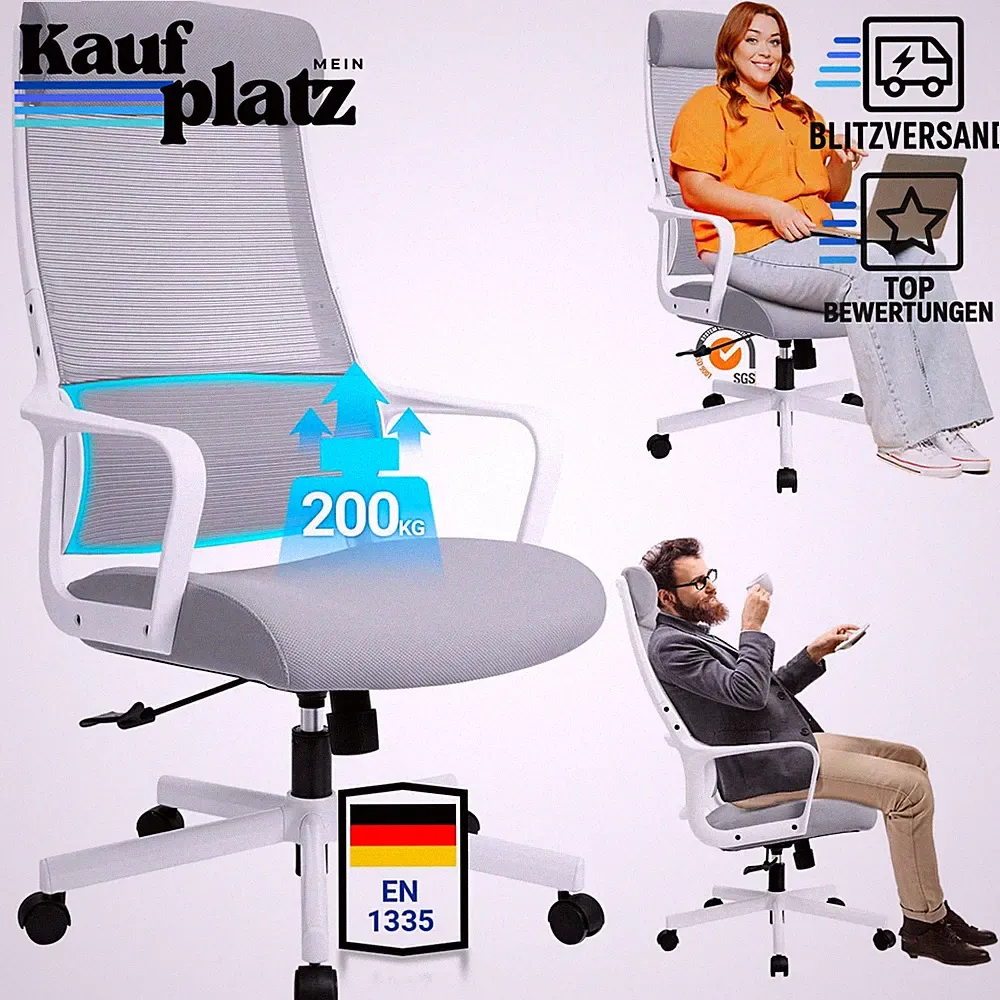 Bürostuhl Ergonomisch Grau Verstellbare Kopfstütze Lendenstütze 200 kg Home
