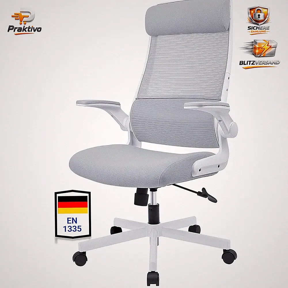 Bürostuhl Ergonomisch, Klappbare Armlehnen, Verstellbare Kopfstütze, Grau
