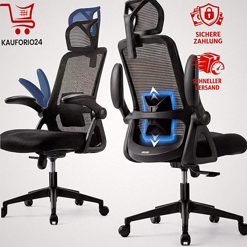 Bürostuhl Ergonomisch Klappbare Armlehnen Verstellbare Lendenstütze Schwarz