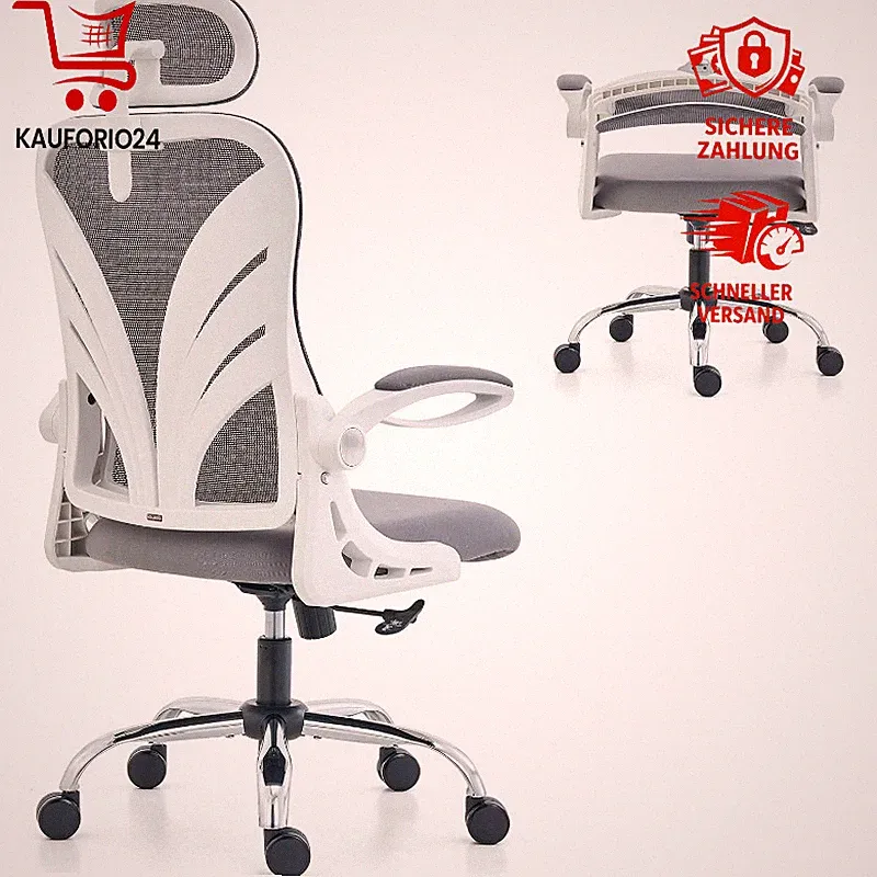 Bürostuhl Ergonomisch Klappbare Rückenlehne 2D Kopfstütze Mesh Lendenstütze Weiß