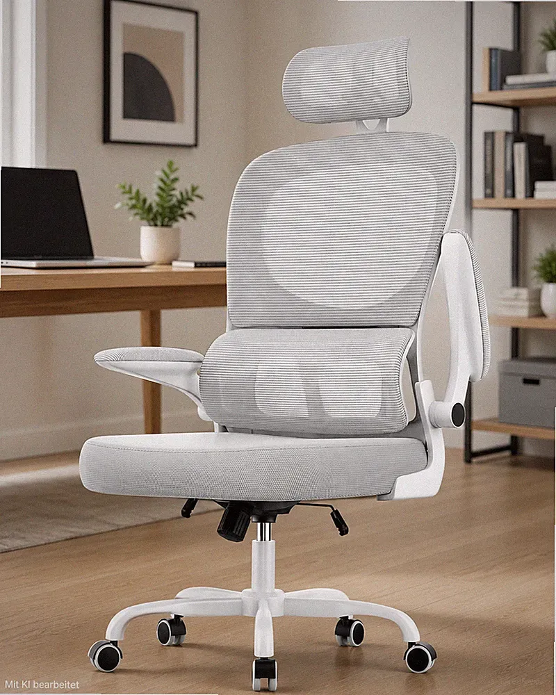 Bürostuhl Ergonomisch Kopfstütze Lordosenstütze Armlehnen Weiß Grau Mesh Nylon