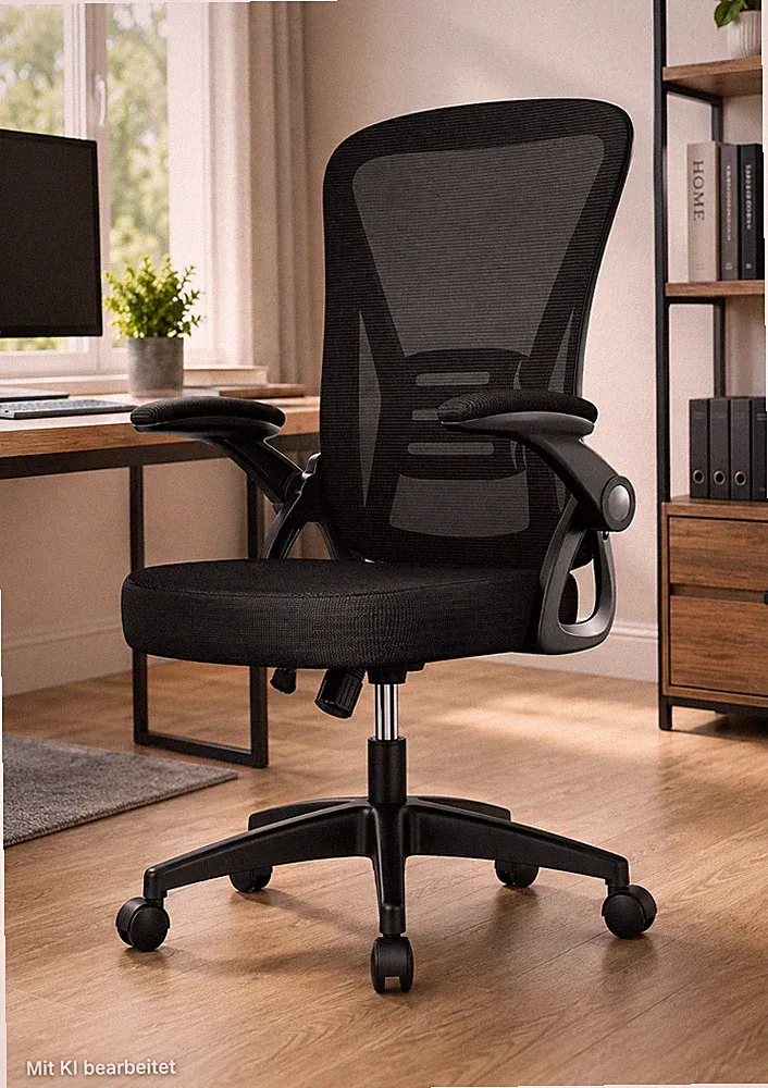 Bürostuhl Ergonomisch Lendenstütze Klapparmlehnen Schwarz WDE-020 Mesh Nylon