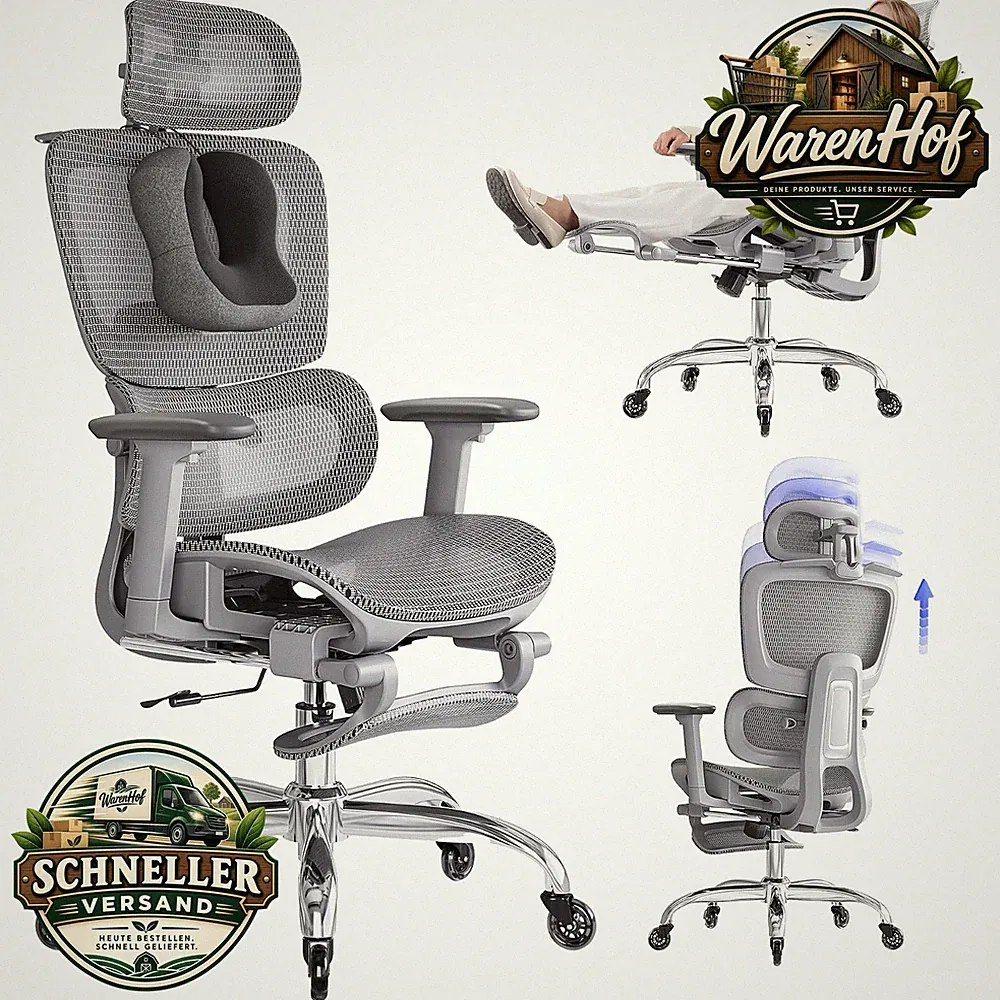 Bürostuhl Ergonomisch Mesh Grau mit Fußstütze L10 Pro für Home Office