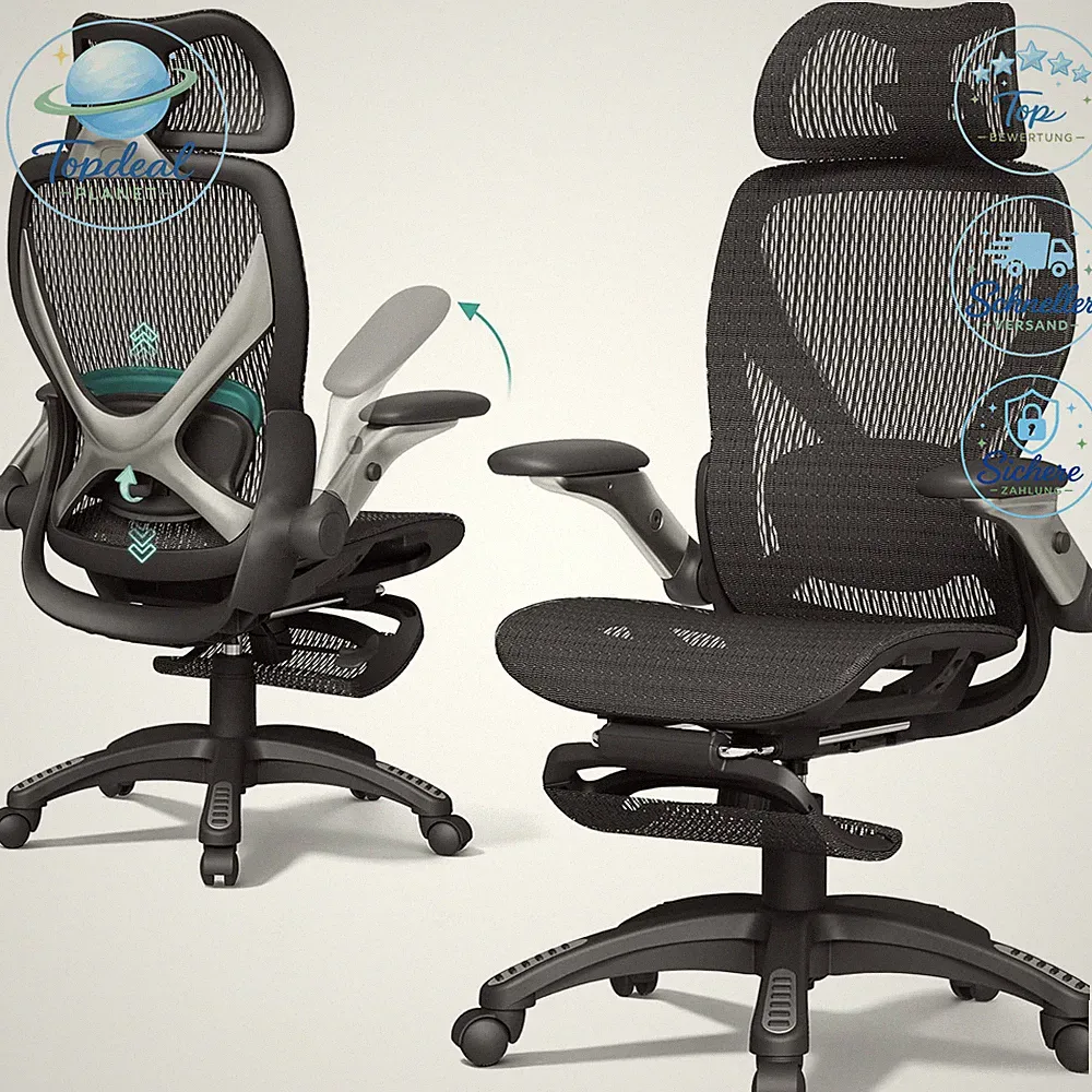 Bürostuhl Ergonomisch Mesh Hohe Rückenlehne mit Fußstütze Schwarz