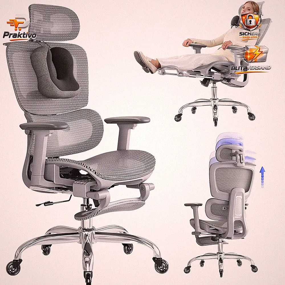 Bürostuhl Ergonomisch Mit Fußstütze, Höhenverstellbare Rückenlehne, Grau