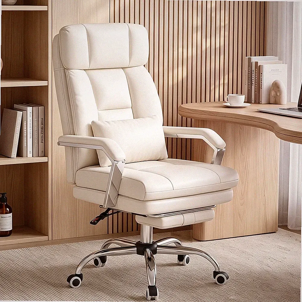 Bürostuhl Ergonomisch mit Fußstütze PU-Leder Verstellbare Rückenlehne Beige