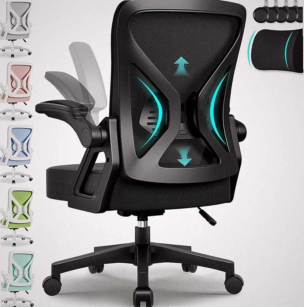 Bürostuhl Ergonomisch mit Hochklappbaren Armlehnen, Lendenstütze, Wippfunktio...
