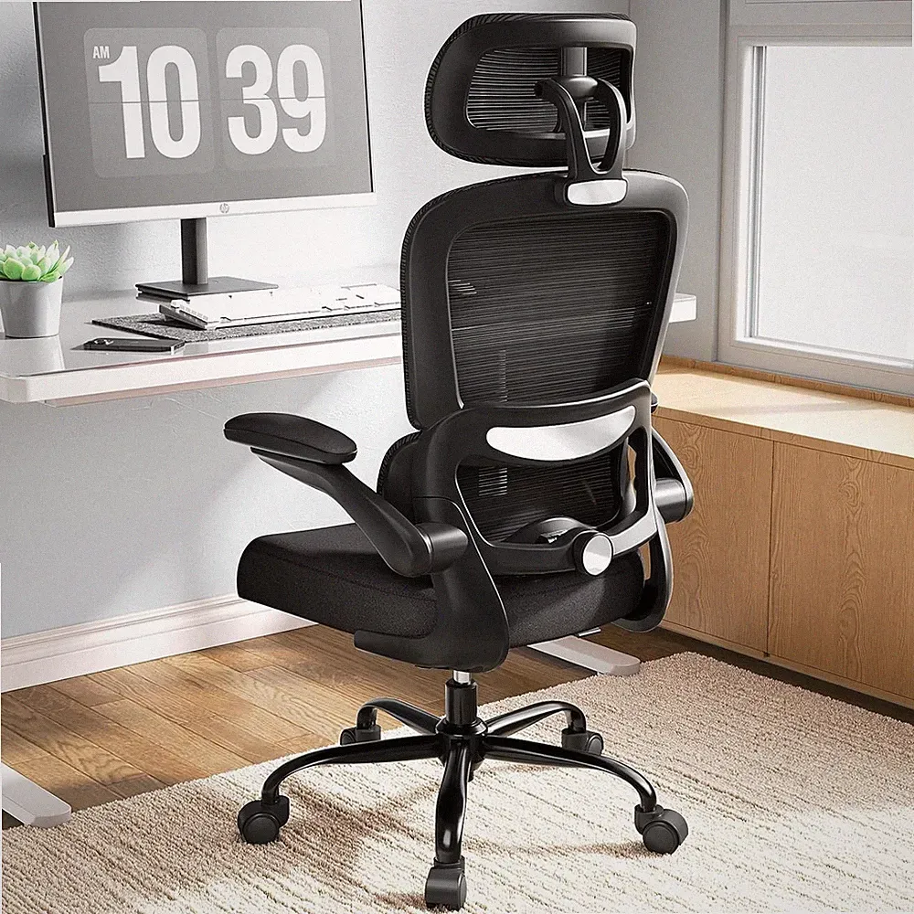 Bürostuhl Ergonomisch mit Lordosenstütze und Kopfstütze - Gaming Stuhl Schwarz