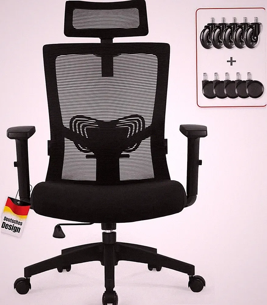 Bürostuhl ergonomisch mit Verstellbarer Kopfstütze, Armlehnen, Lendenw