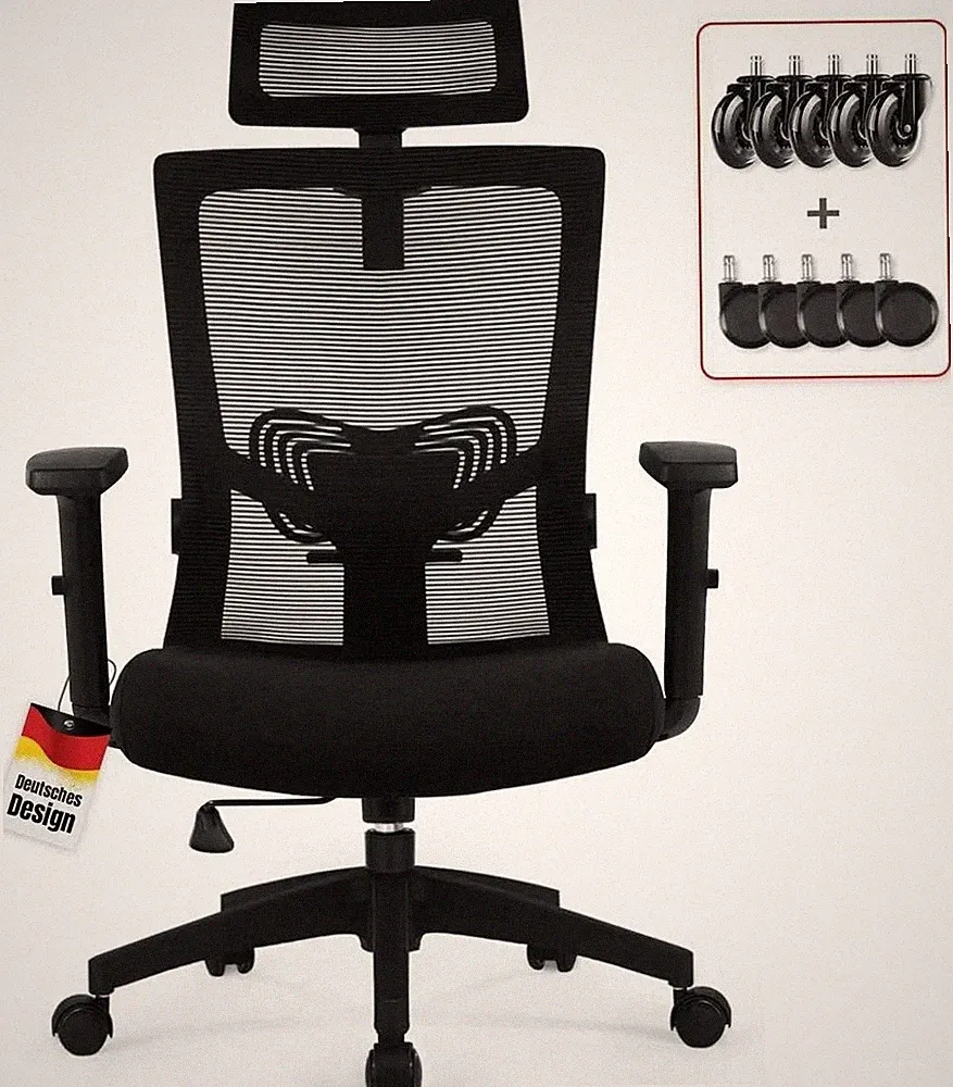 Bürostuhl Ergonomisch mit Verstellbarer Kopfstütze, Armlehnen, Lendenwirbelst...