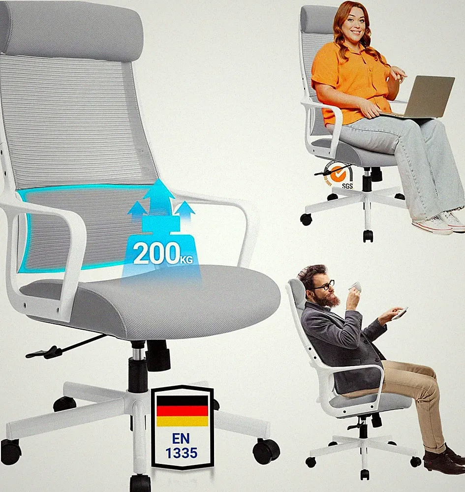 Bürostuhl Ergonomisch mit Verstellbarer Kopfstütze Lendenwirbelstütze Grau 200