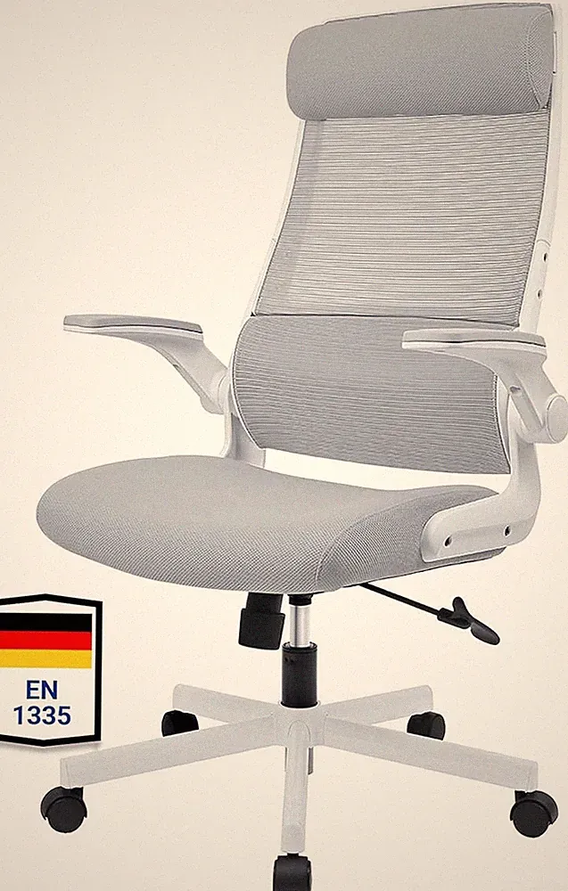 Bürostuhl Ergonomisch mit Verstellbarer Kopfstütze Mesh Wippfunktion 200 KG Grau