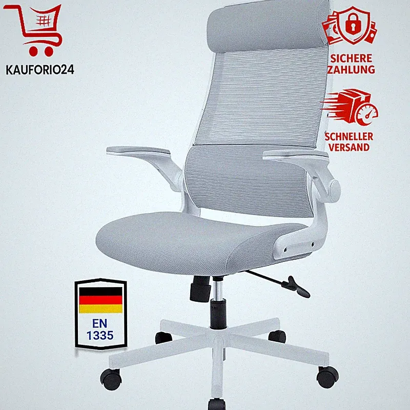 Bürostuhl Ergonomisch mit Verstellbarer Kopfstütze Mesh Wippfunktion 200 KG Grau