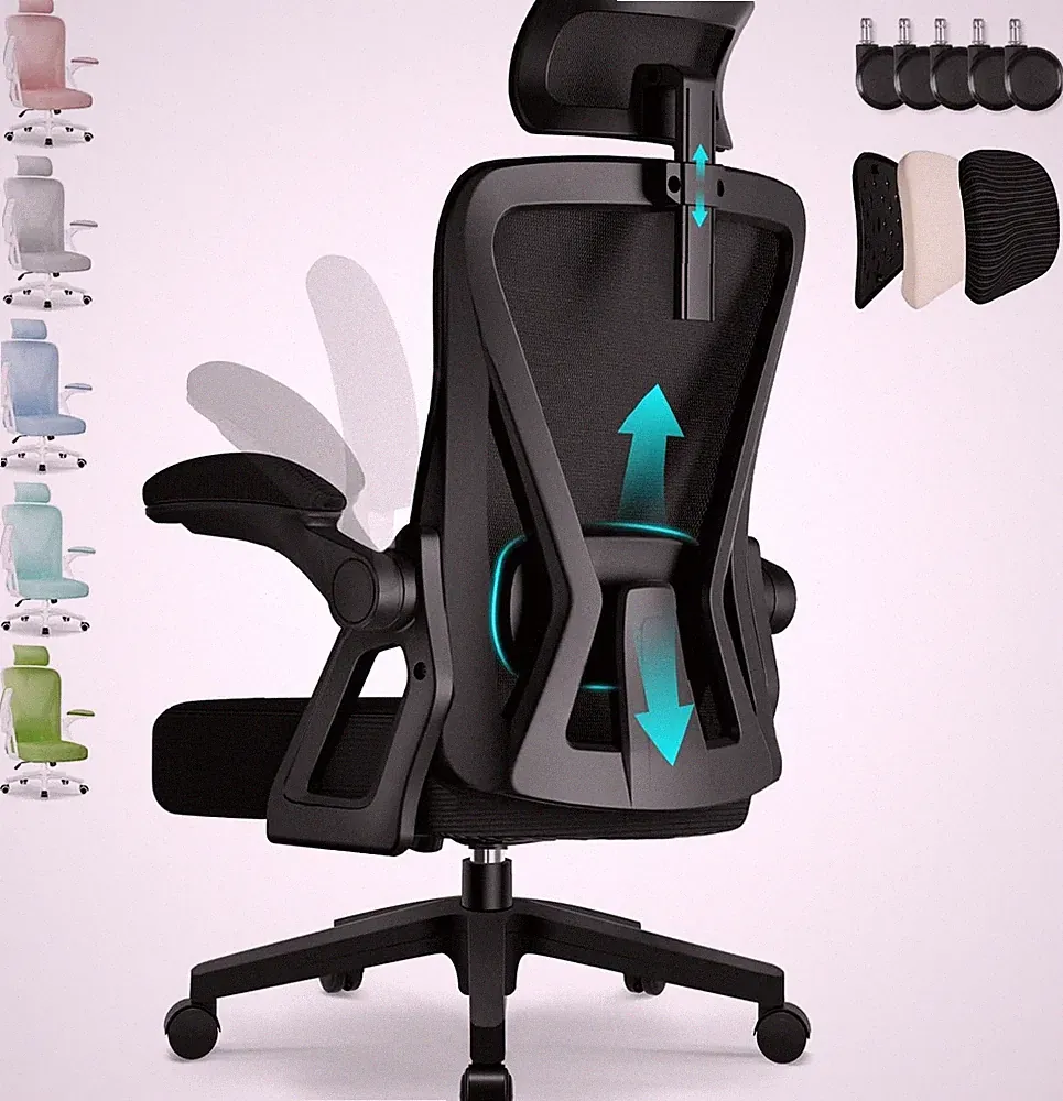 Bürostuhl Ergonomisch mit Verstellbarer Kopfstütze und Armlehnen, Schwarz, Dr...