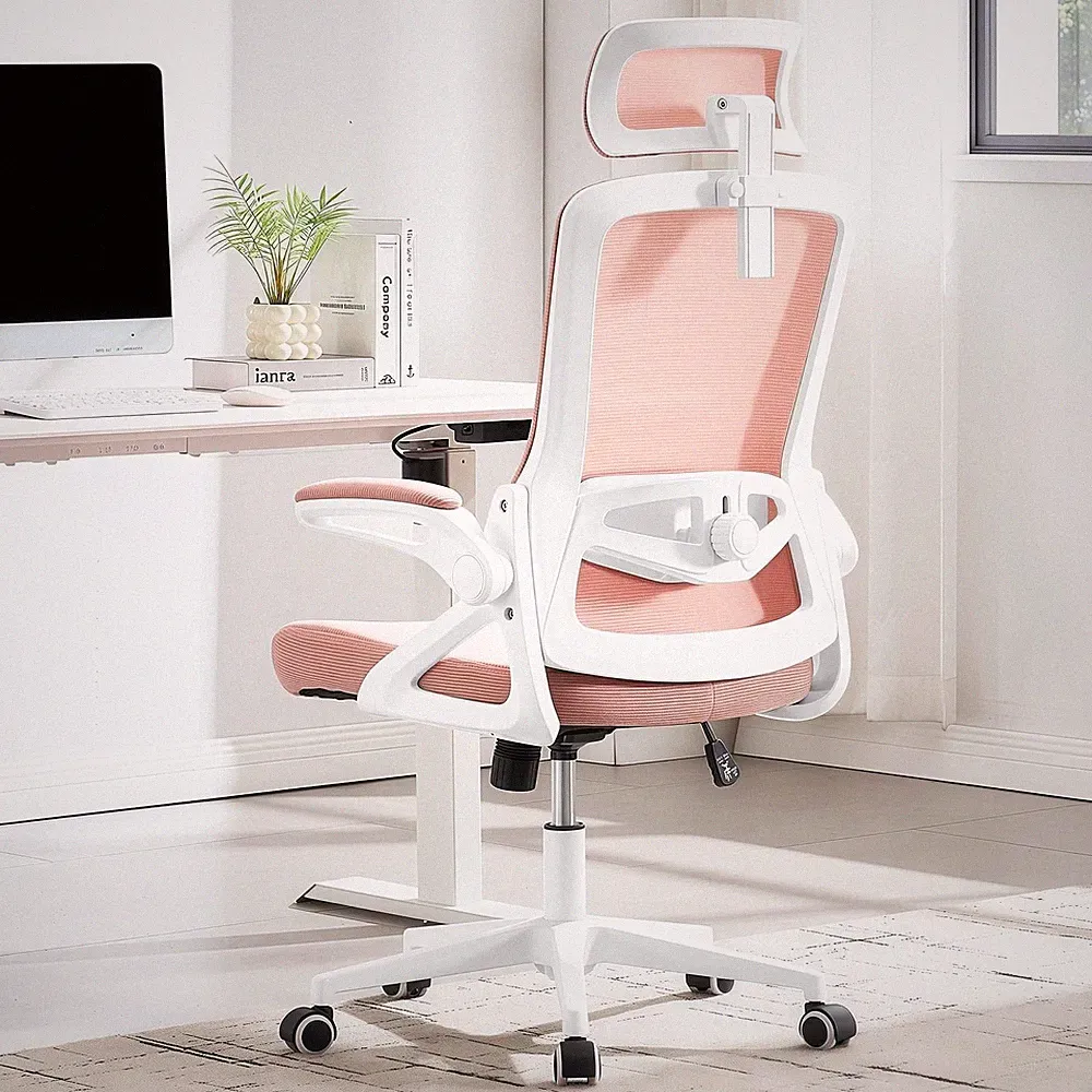 Bürostuhl Ergonomisch Rosa Mesh Verstellbare Lendenstütze Kopfstütze bis 180kg
