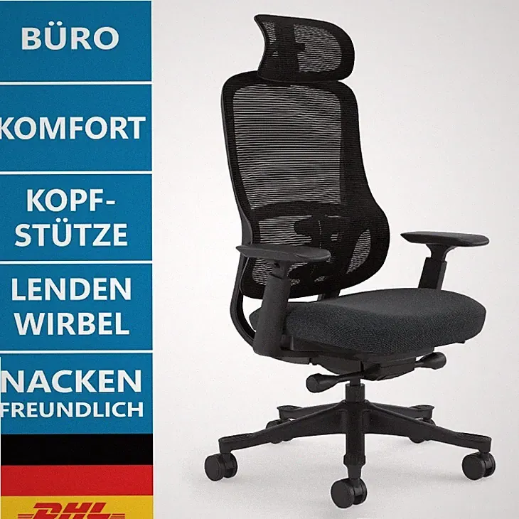 Bürostuhl ergonomisch schwarz Lendenstütze Kopfstütze Drehstuhl Büro Homeoffice