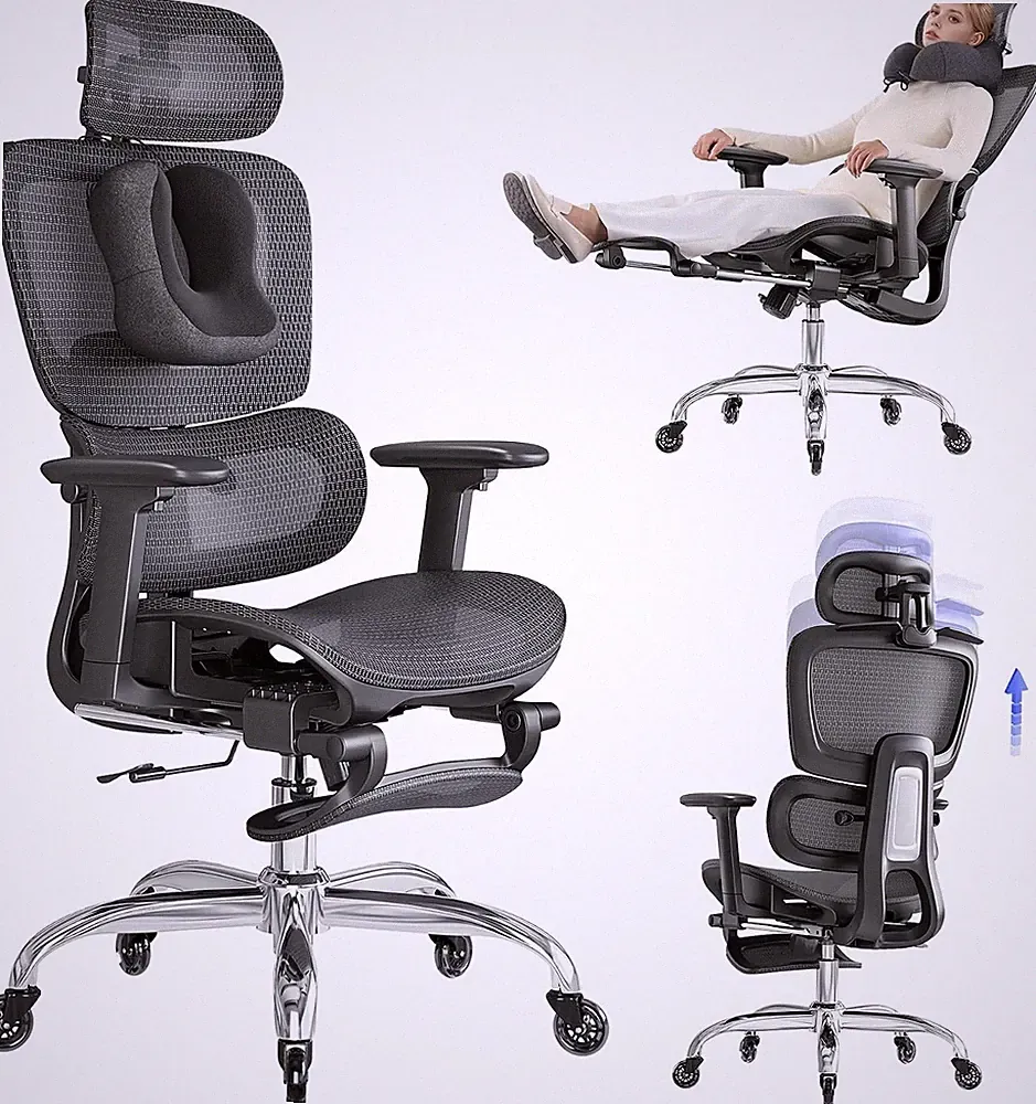 Bürostuhl Ergonomisch Schwarz mit Fußstütze Nackenkissen 5-Fach