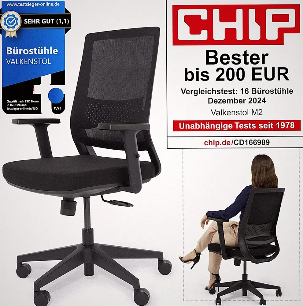 Bürostuhl ergonomisch Valkenstol M2 schwarz mit Armlehnen Sitzpolster NEU