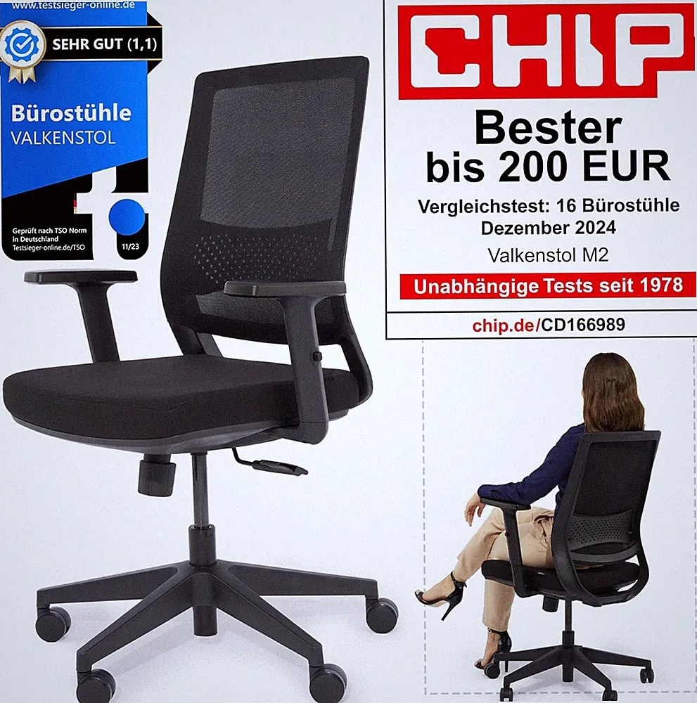 Bürostuhl ergonomisch Valkenstol M2 schwarz mit Armlehnen Sitzpolster NEU in OVP