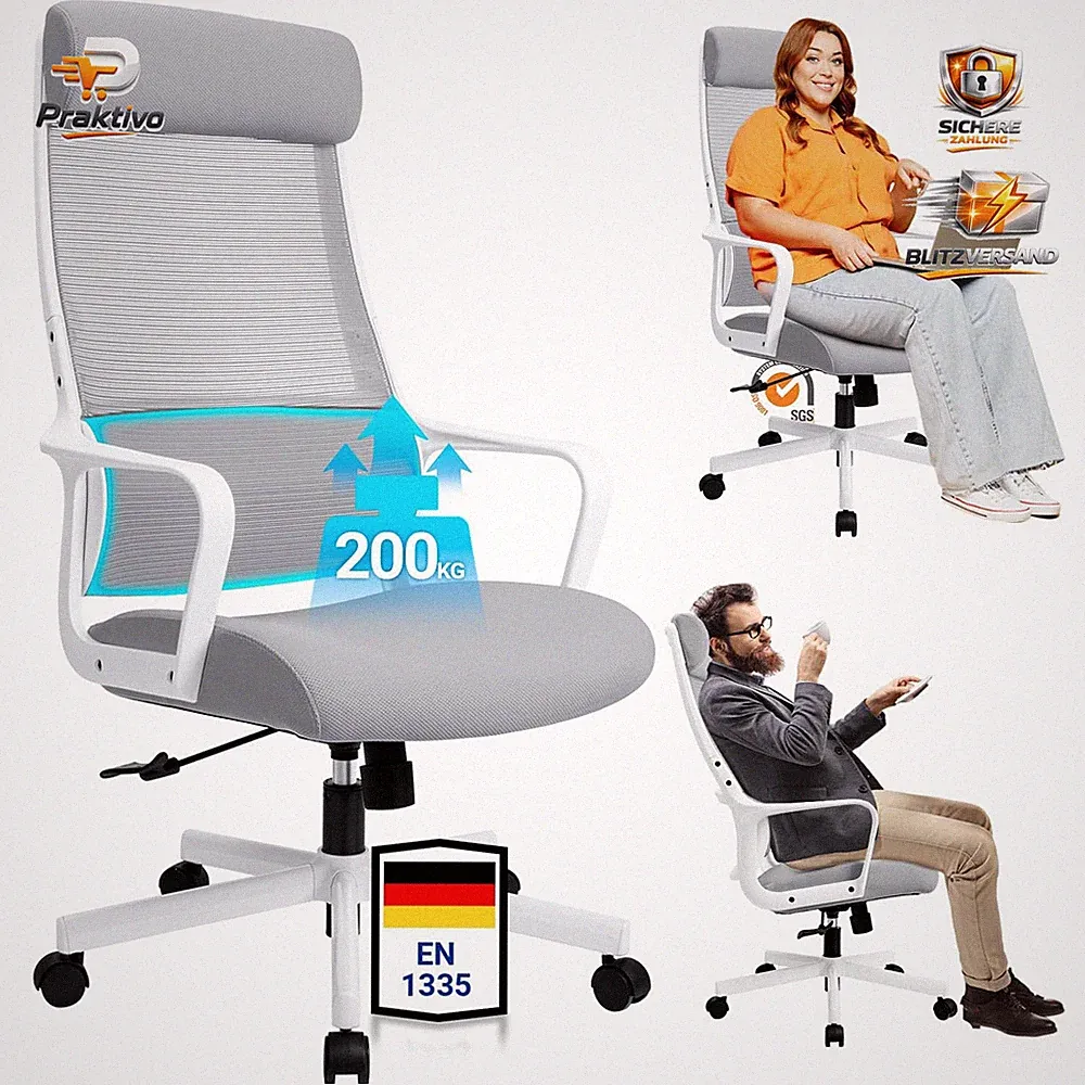 Bürostuhl Ergonomisch, Verstellbare Kopfstütze, Breites Sitzkissen, 200 kg, Grau