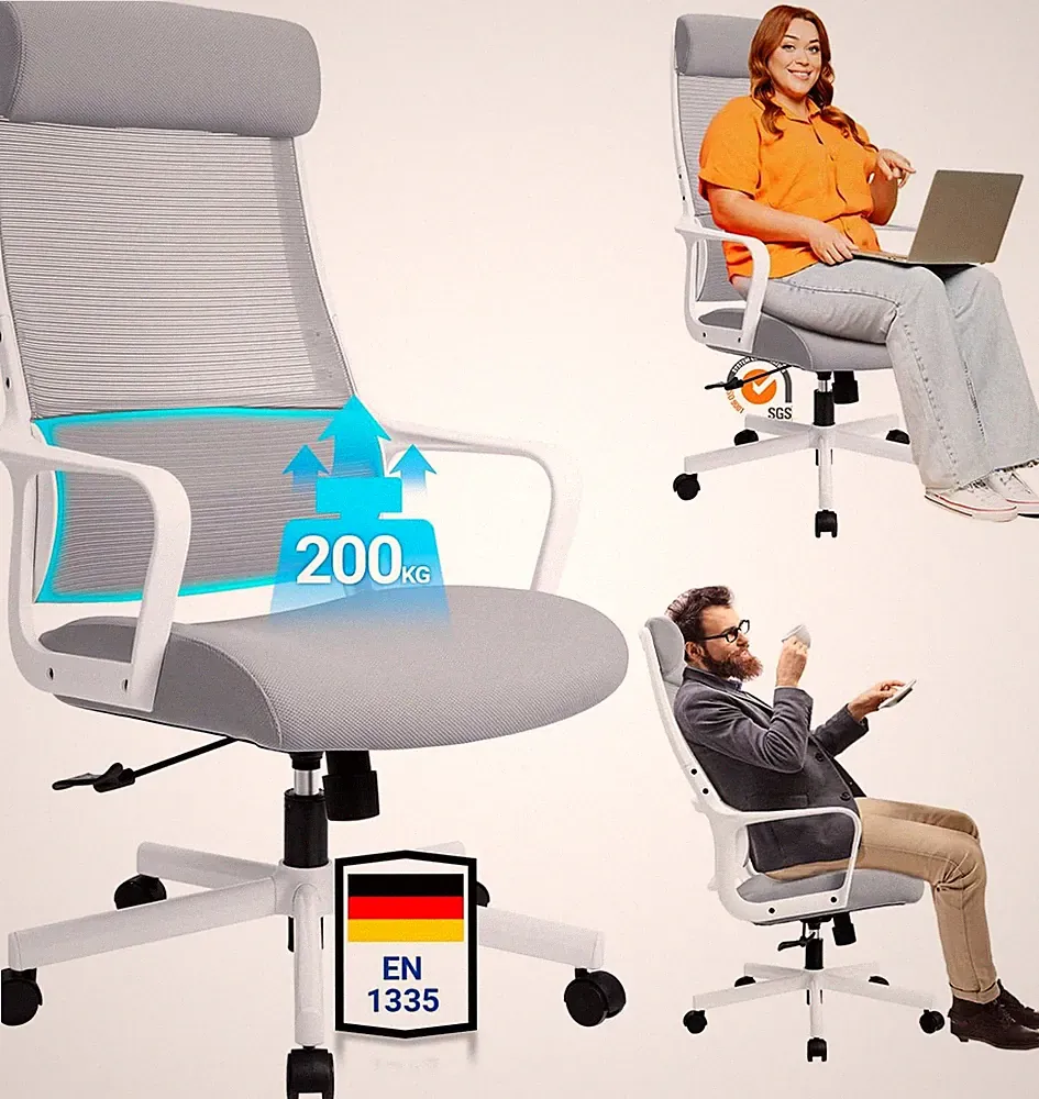 Bürostuhl Ergonomisch Verstellbare Kopfstütze Lendenwirbelstütze 200 kg Grau